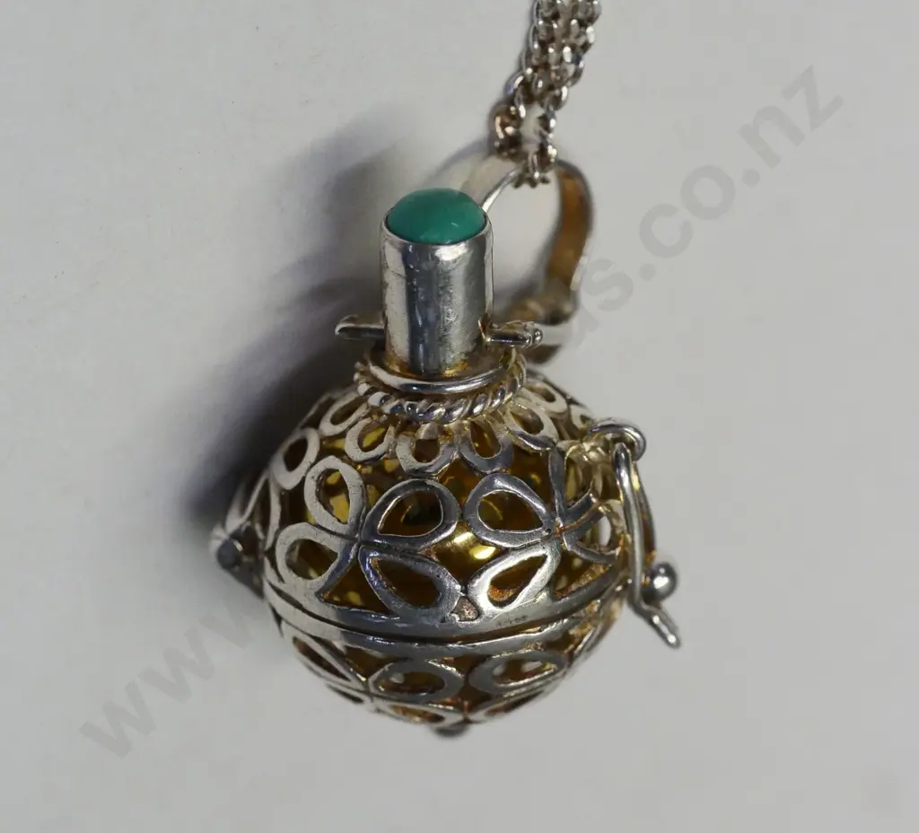 silver hinged jeannie style bottle with coloured ball inside & turquoise lid chain stamped 925 Image 1++