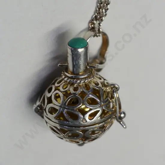 silver hinged jeannie style bottle with coloured ball inside & turquoise lid chain stamped 925