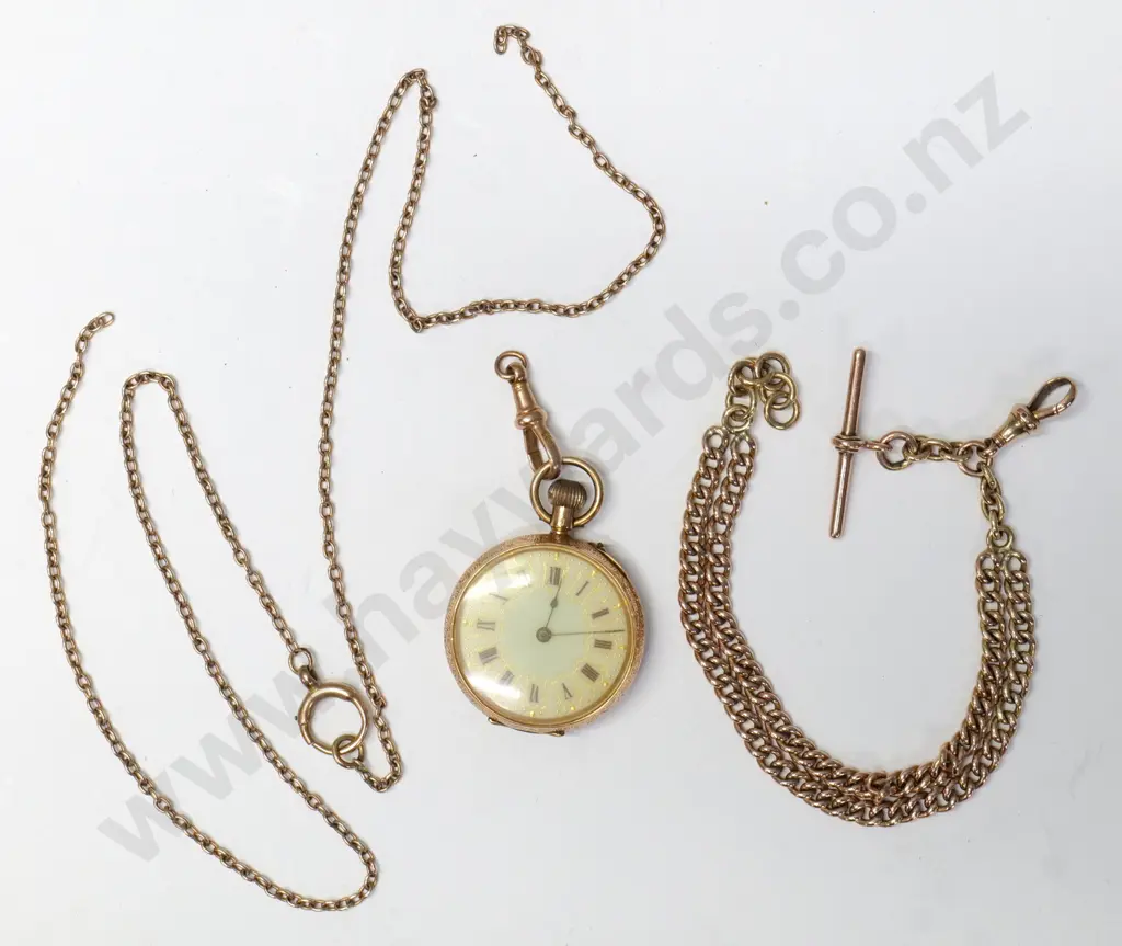 gold fob watch, fob chain [stamped 375] & chain Image 1++