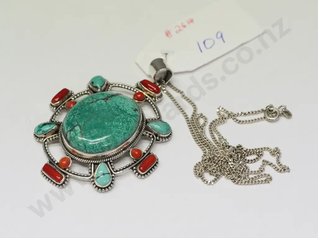 sterling, tourquoise & coral pendant stamped 925 Image 1++