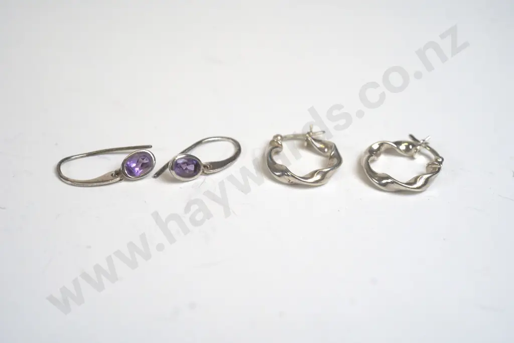 silver hoop earrings stamped 925 & silver amethyst earrings stamped 925 Image 1++