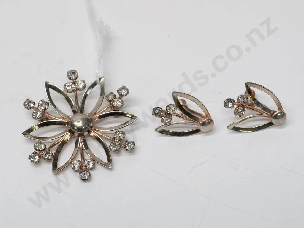 silver cz brooch & earring set [screw on] stamped sterling Image 1++