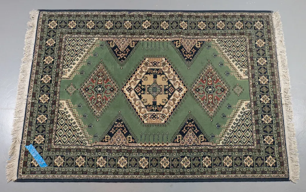 Dunya Turkish Persian style synthetic floor rug - pale green, navy, brick red & cream L-1800 W-1200 Image 1++