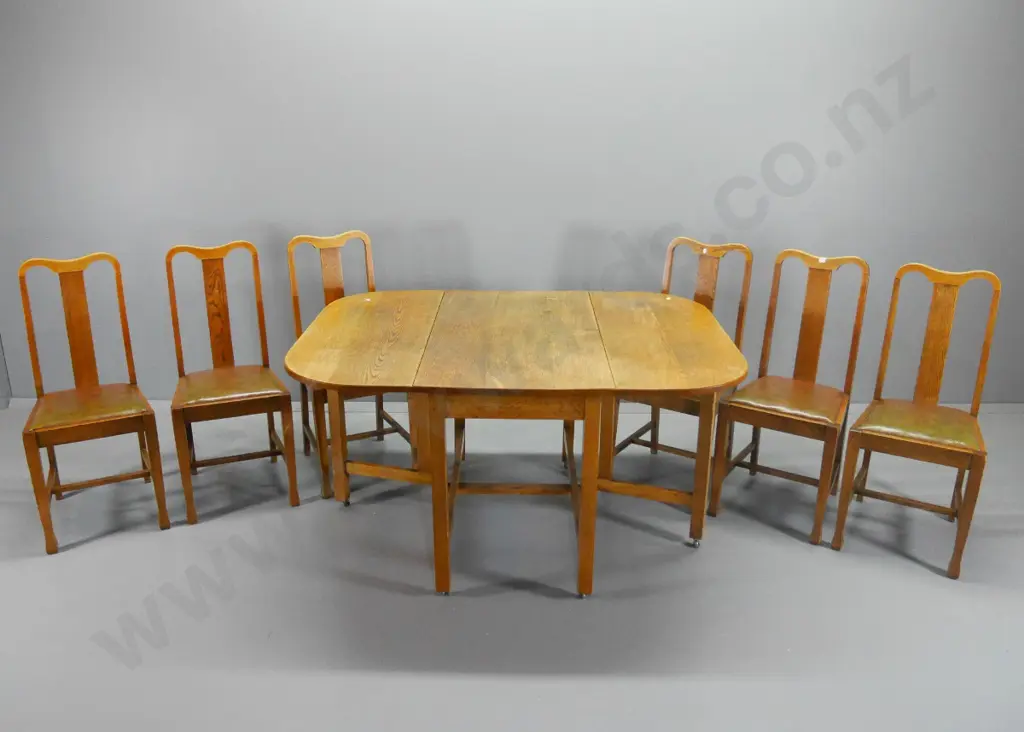 deco oak dining suite - drop-side table on casters L1430 W1070, 6 splat-back chairs, some joint movement Image 1++