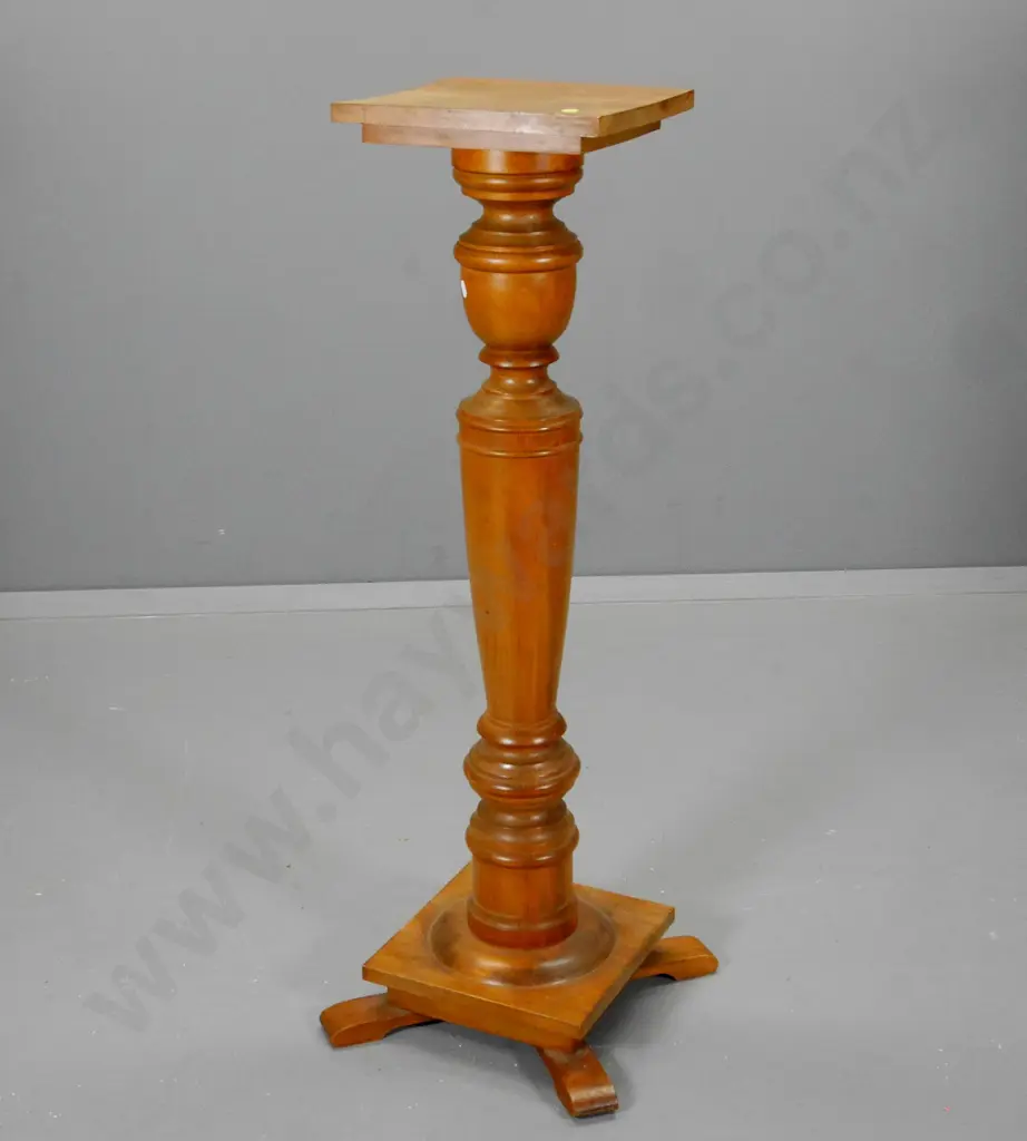 rimu indoor plant stand with turned column on square footed base - top needs attaching, polish wear H-1060 W-390 D-390 Image 1++
