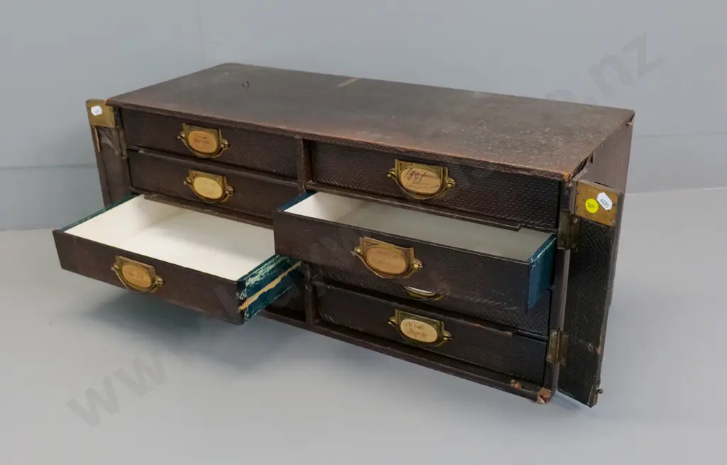 set of 8 drawers w/metal handles, lockable side bars, no key, wear to fabric/faux leather covering H260 W620 D250 Image 1++