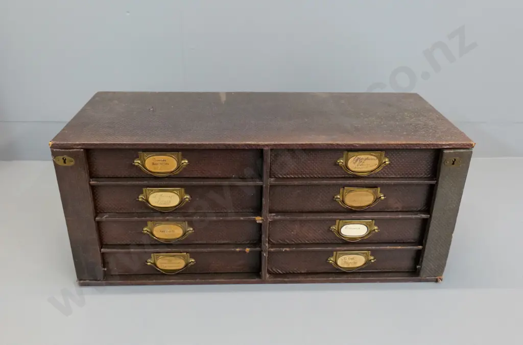 set of 8 drawers w/metal handles, lockable side bars, no key, wear to fabric/faux leather covering H260 W620 D250 Image 1++