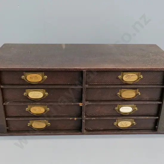 set of 8 drawers w/metal handles, lockable side bars, no key, wear to fabric/faux leather covering H260 W620 D250