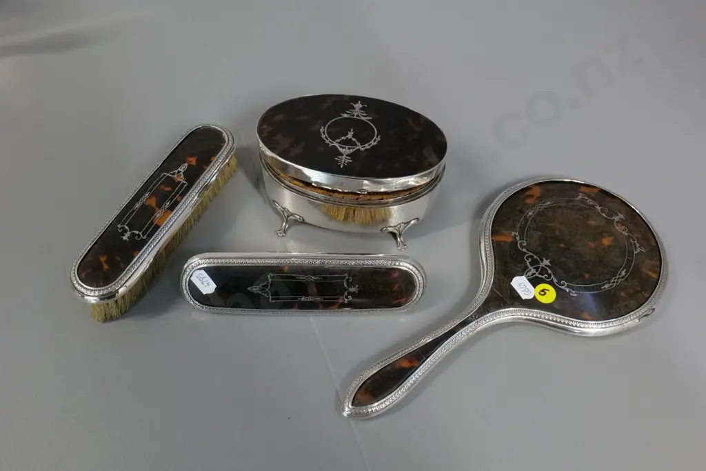 sterling silver and tortoise-shell 4-piece dressing table set - trinket box catch not working Image 1++