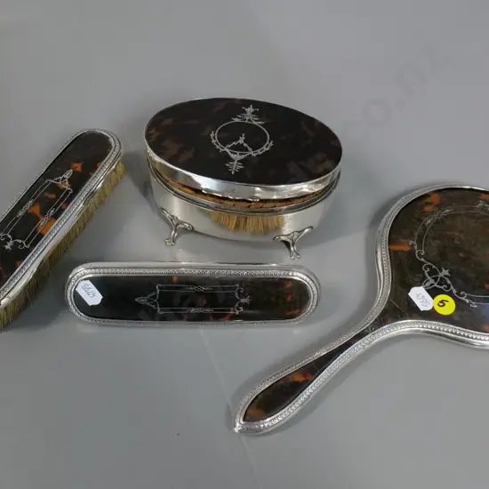 sterling silver and tortoise-shell 4-piece dressing table set - trinket box catch not working