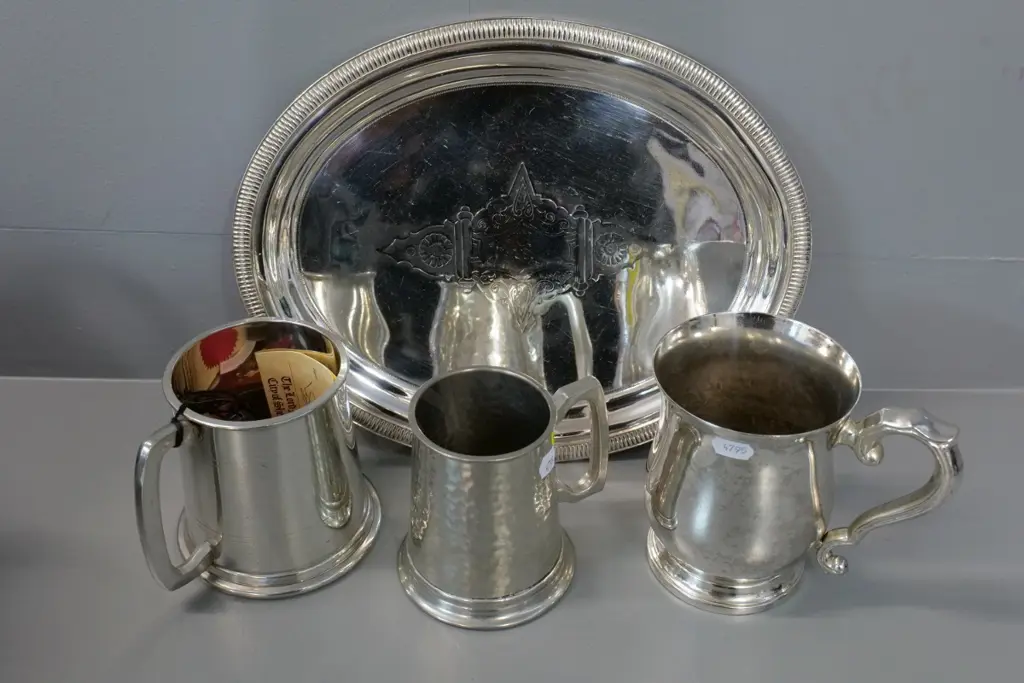 plated tray L-300 S-240, some wear, Windsor New Zealand pewter mug, English pewter mug, and another plated mug Image 1++