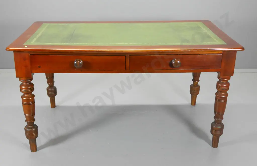 vintage kauri turned-leg writing desk w/ 2 drawers & tooled leather top, minor joint splits on top H800 W1530 D880 Image 1++
