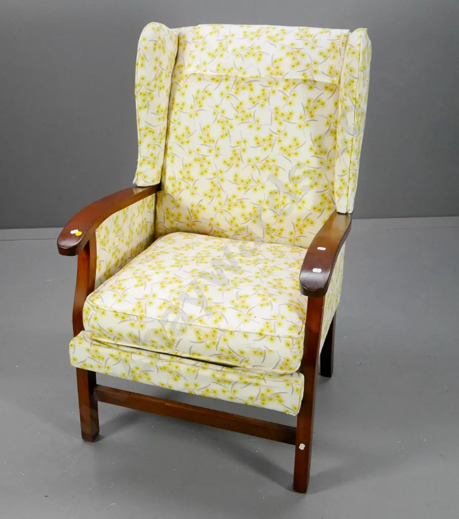 deco wing chair w/ show-wood legs & arms, printed floral fabric, arms loose, some fabric splitting H1040 W630 D620 Image 1++