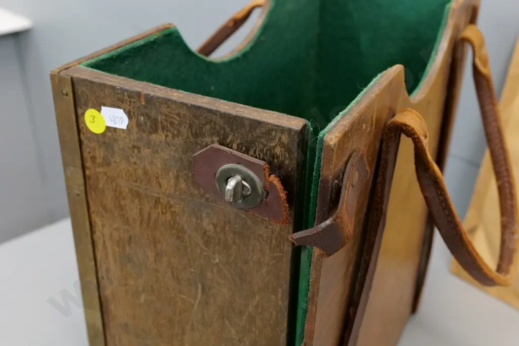 wood, metal and leather record carrying case w/New Zealand Broadcasting Service ID plaque and assorted 78s H360 W380 Image 1++