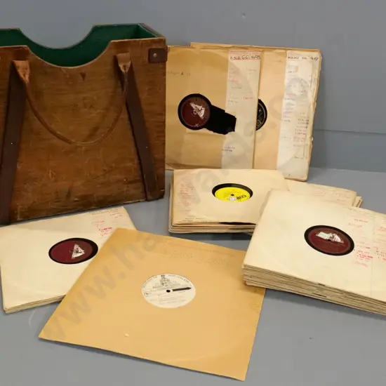wood, metal and leather record carrying case w/New Zealand Broadcasting Service ID plaque and assorted 78s H360 W380