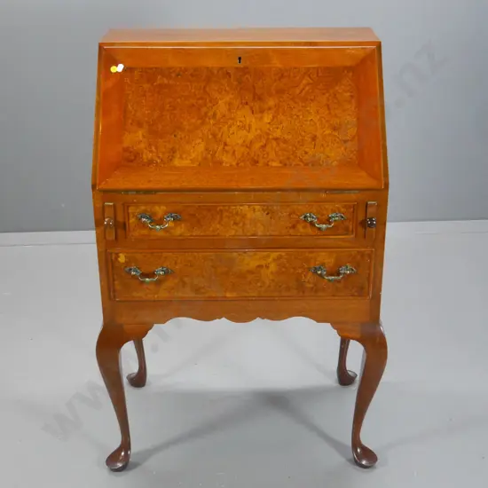 mahogany & burr walnut 2-drawer drop-front bureau, locking with key, some marks on top H980 W630 D410