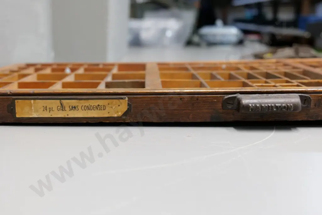 vintage printing type tray w/metal handle  'New Departure' logo stamped into wood W820 D440 Image 1++