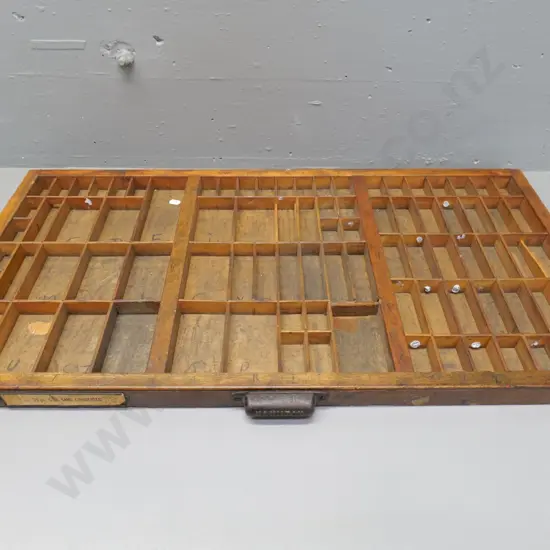 vintage printing type tray w/metal handle  'New Departure' logo stamped into wood W820 D440