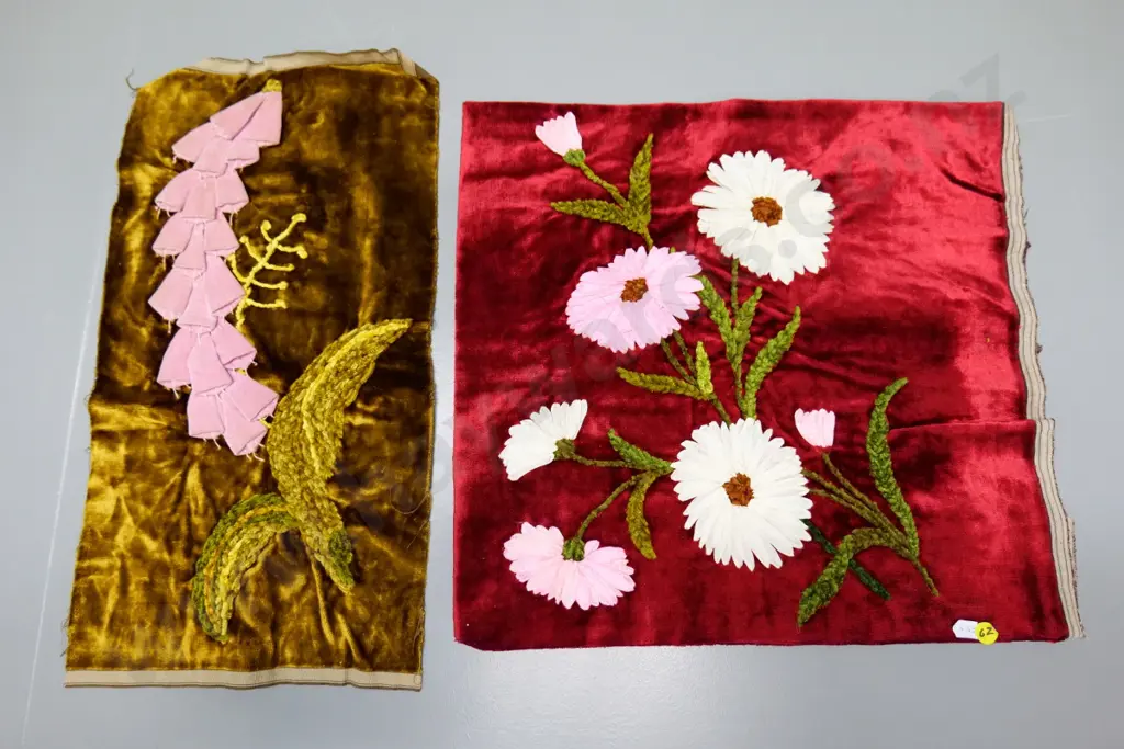 2 antique c1890s embroidery pieces with floral themes - wider one 380 x 390 Image 1++