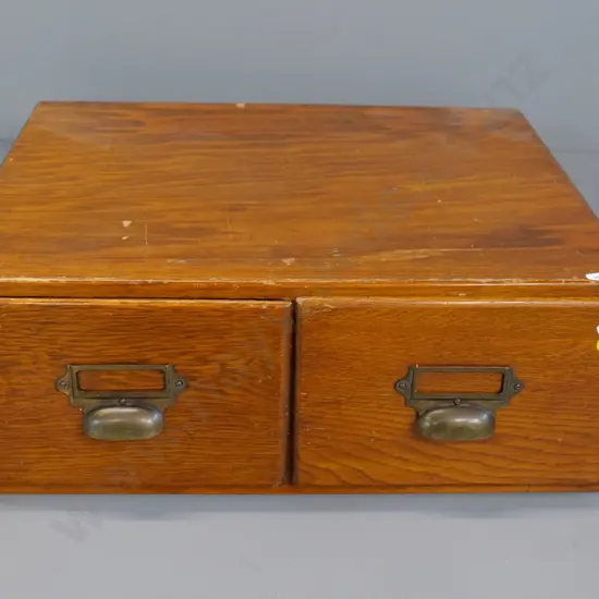 oak 2-drawer library card catalogue cabinet with brass handles, rubbing to finish H-180 W-500 D-420