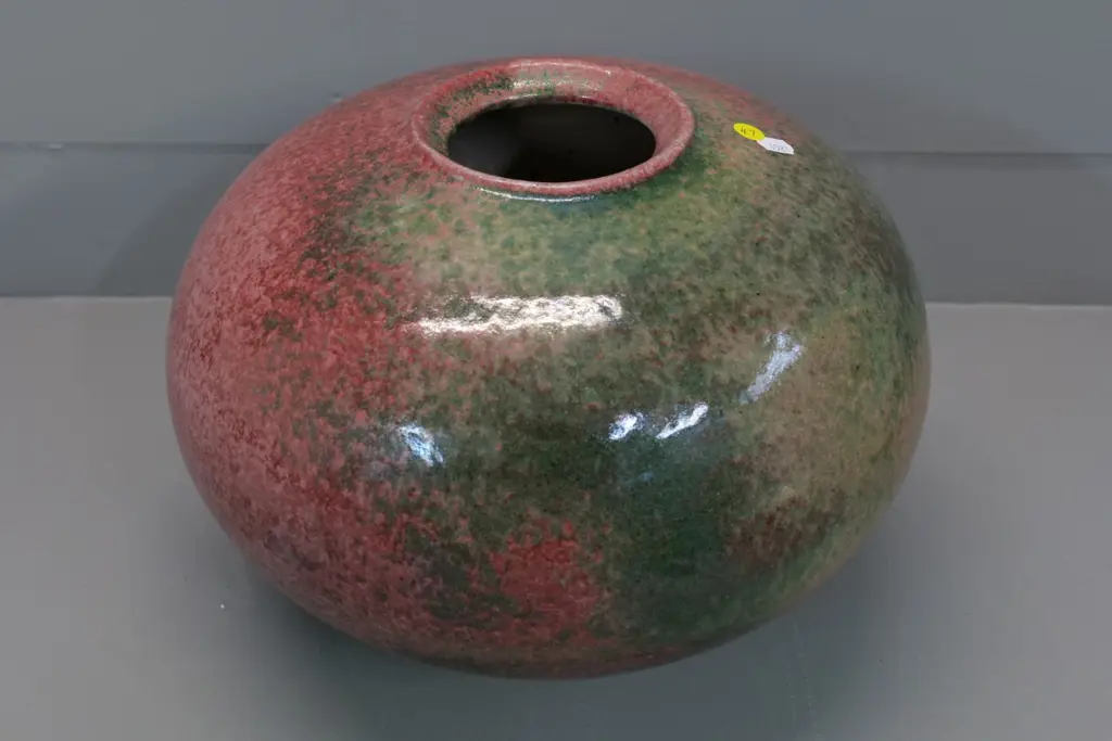 large green and pink stipple glaze studio pottery vase with unknown potters mark on base H-250 D-330 Image 1++