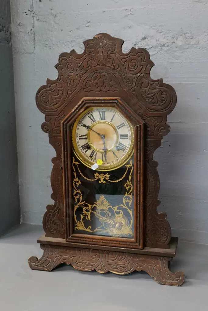 vintage Ansonia mantel clock w/press-carved panel (has had repair) brass face, with key, gilt  transfer on glass H560 Image 1++