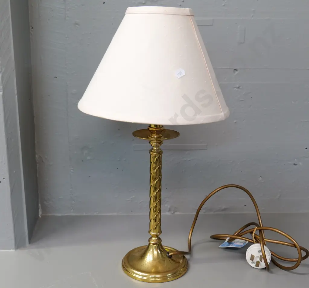 brass based twist-stem table lamp - made in England, some pitting H-460 Shade D-260 Image 1++