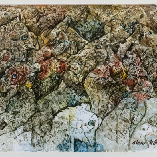Allan McIntyre -framed watercolour "Crowd" H-180 W-260