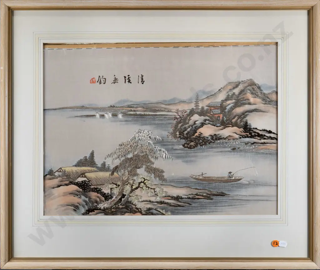 framed oriental needlework on silk - person fishing (framing needs attention) H-340 W-470 Image 1++