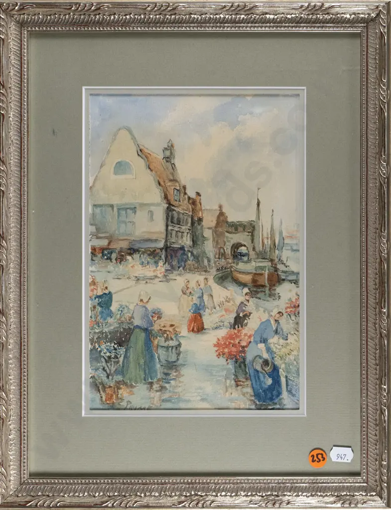 framed watercolour - ladies at flower market H-250 W-160 Image 1++