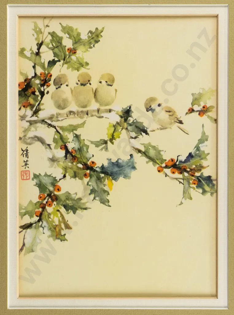 framed oriental print - birds and mistletoe H-200 W-140 Image 1++