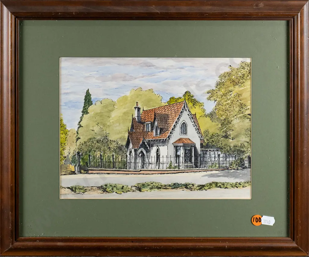 Des Dean attrib - framed watercolour "The Lodge Mona Vale, Christchurch" H-180 W-240 Image 1++