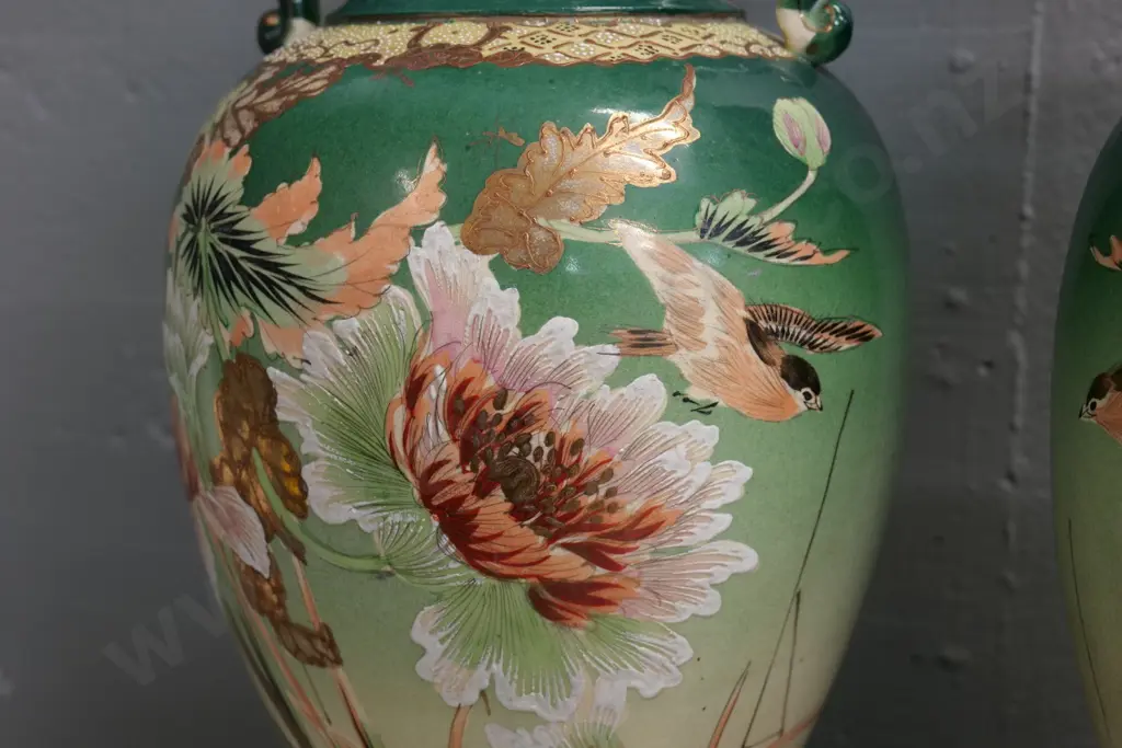 pair of vintage hand painted floral Satsuma style handled vases - one has obvious repairs to top H630 D250 Image 1++