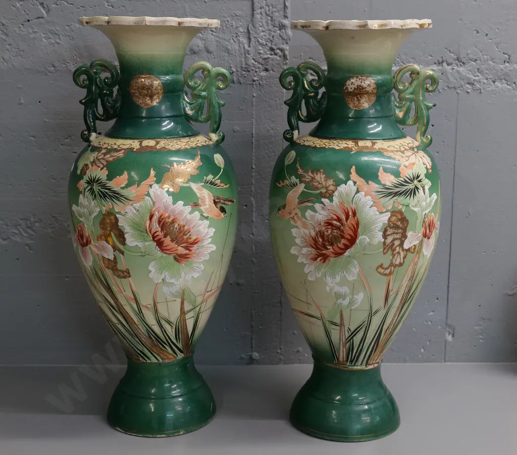 pair of vintage hand painted floral Satsuma style handled vases - one has obvious repairs to top H630 D250 Image 1++