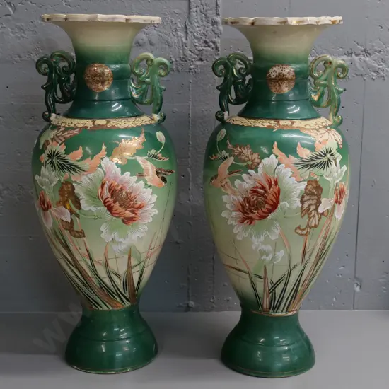 pair of vintage hand painted floral Satsuma style handled vases - one has obvious repairs to top H630 D250