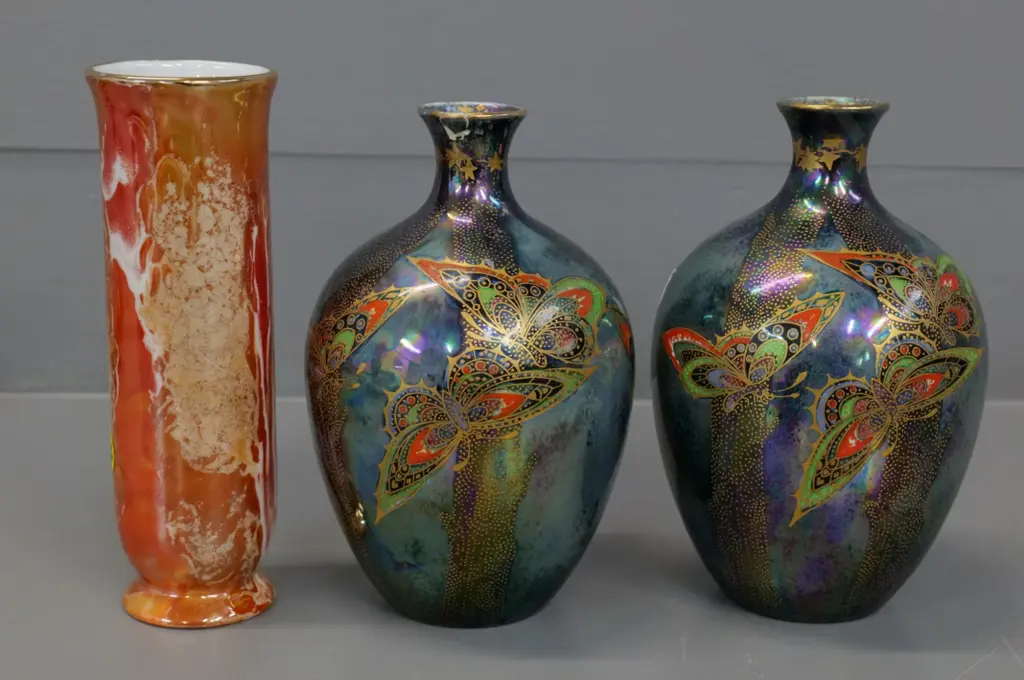 pair of Crown Devon Rural Lustrine butterfly motif lustre vases - one with obvious repair - & orange lustre vase H-160 Image 1++