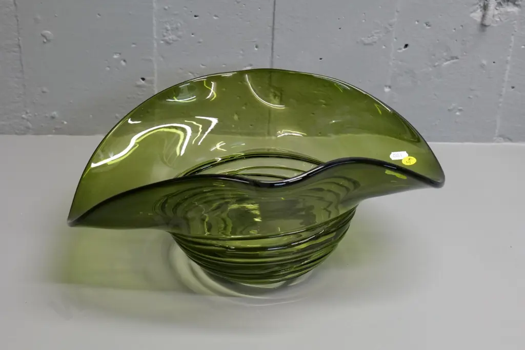 large art glass olive green free-form bowl H-160 W-365 at widest Image 1++