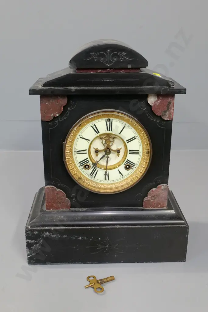 Ansonia marble cased mantel clock, brass bezel, bone dial? - has chips and repairs to case, with key H-380 W-280 Image 1++