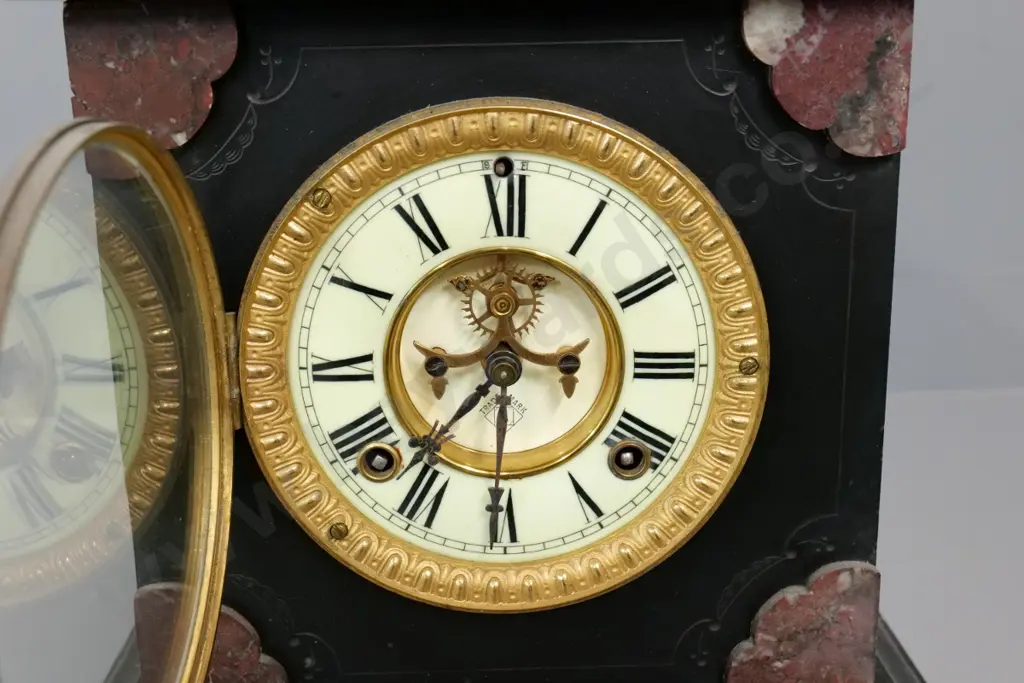 Ansonia marble cased mantel clock, brass bezel, bone dial? - has chips and repairs to case, with key H-380 W-280 Image 1++