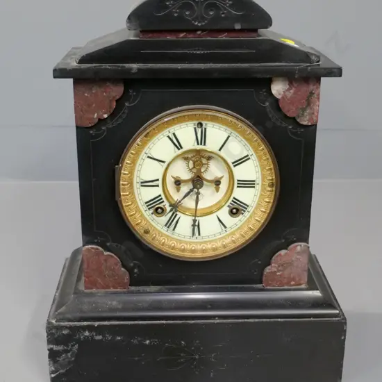 Ansonia marble cased mantel clock, brass bezel, bone dial? - has chips and repairs to case, with key H-380 W-280