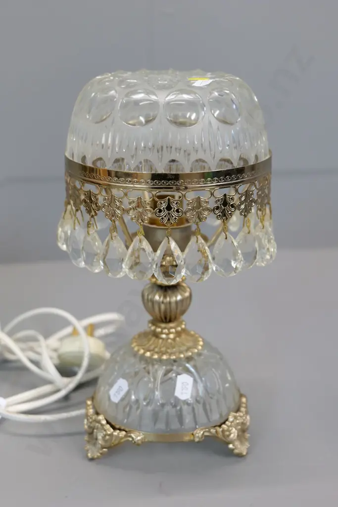 glass table lamp with cast metal stem, feet, and shade band, glass drops H-270 D-140 Image 1++