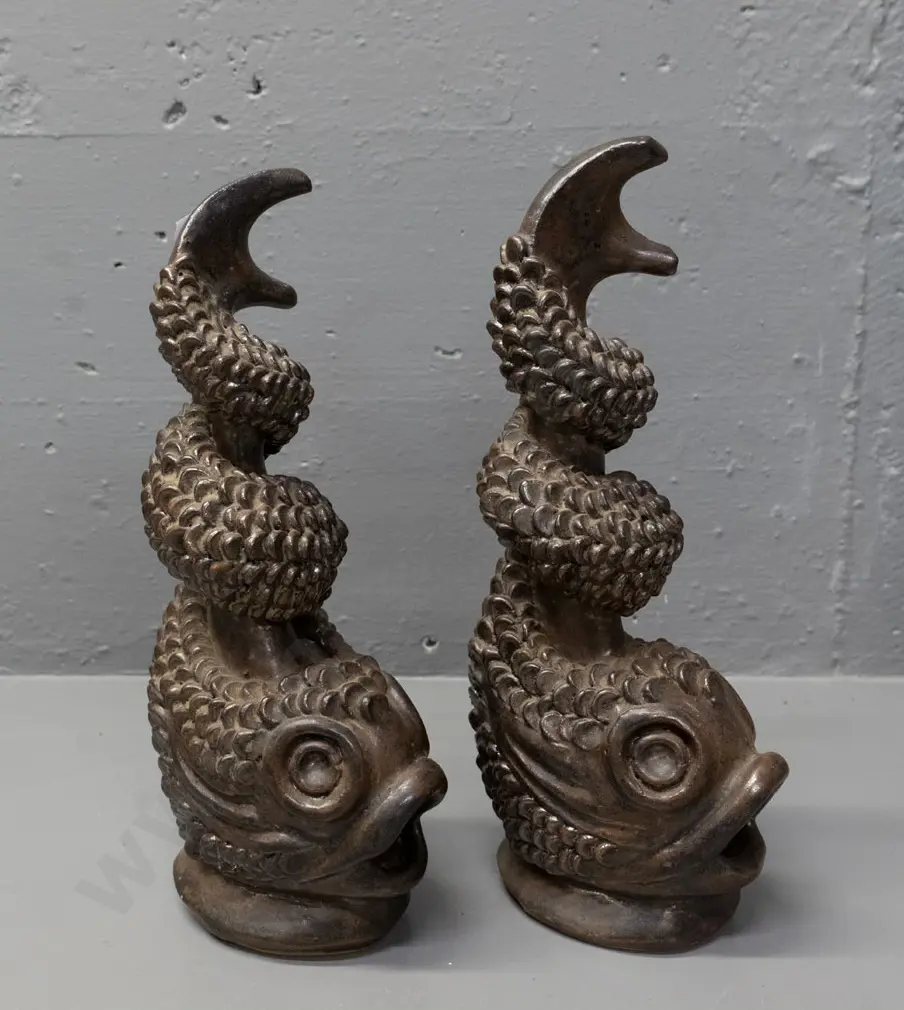 pair of pottery fish figures with spiral tails - H-300 Image 1++