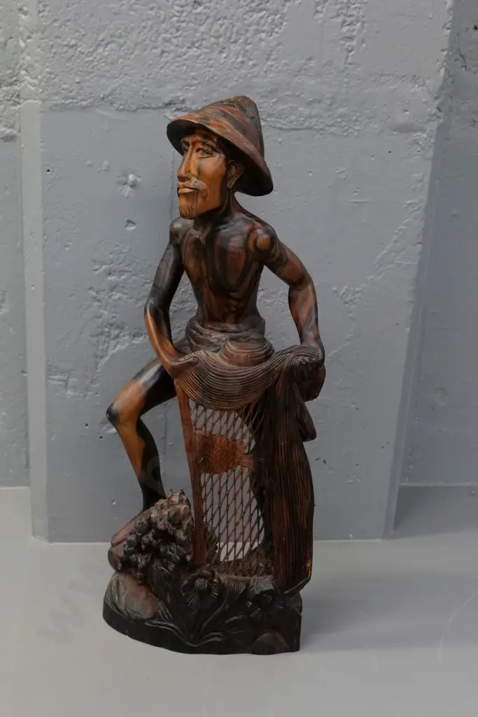 hand carved asian hardwood figure of man with fishing net - H-600 W-240 - a few bits of netting broken Image 1++