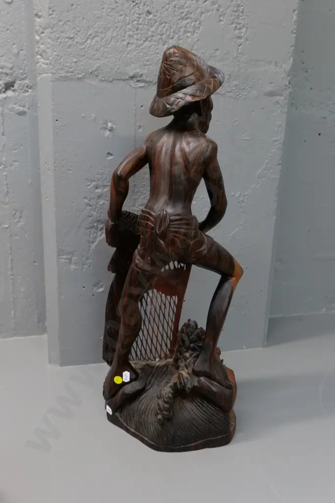 hand carved asian hardwood figure of man with fishing net - H-600 W-240 - a few bits of netting broken Image 1++