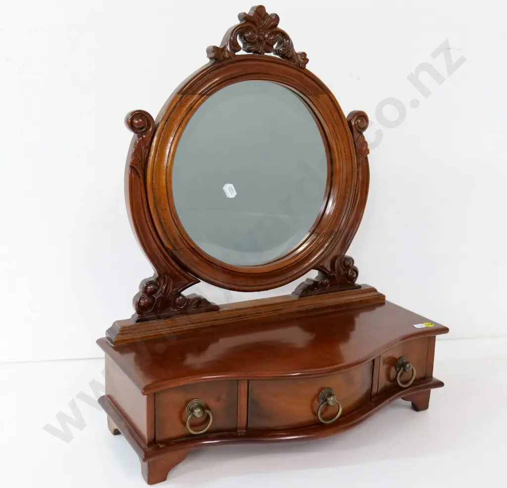 reproduction small dressing table mirror with 3 drawers, round bevelled mirror H-530 W410 D200 Image 1++