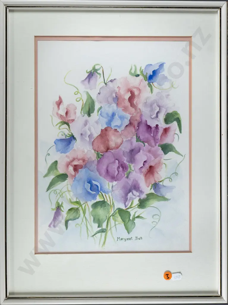 Margaret Bell -framed watercolour "Sweet Peas" H-340 W-250 Image 1++