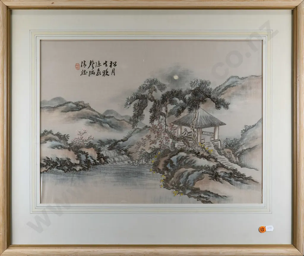 framed oriental needlework on silk - stream scene  H-345 W-470 Image 1++