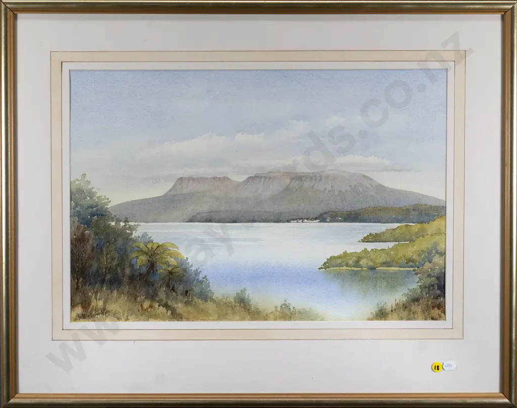 illegible signature - framed watercolour "Tarawera Mountain" H-350 W-520 Image 1++