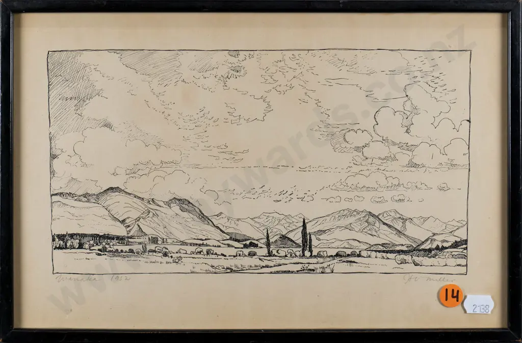 HV Miller 1952 - framed signed print "Wanaka" H-140 W-250 Image 1++