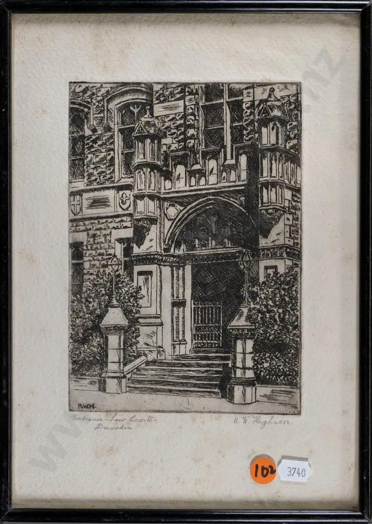RW Hughson - framed ink and pen "Entrance High Court Dunedin" (foxing to mat) H-170 W-120 Image 1++